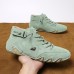 Men's Green Casual High-Top Faux Leather Sneakers Lightweight Breathable Hand-Stitched Lace-Up Shoes for Outdoor Activities