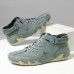 Men's Green Casual High-Top Faux Leather Sneakers Lightweight Breathable Hand-Stitched Lace-Up Shoes for Outdoor Activities