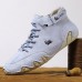 Men's Green Casual High-Top Faux Leather Sneakers Lightweight Breathable Hand-Stitched Lace-Up Shoes for Outdoor Activities