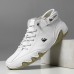 Men's Green Casual High-Top Faux Leather Sneakers Lightweight Breathable Hand-Stitched Lace-Up Shoes for Outdoor Activities