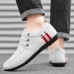Men's White Sporty Lace-Up Shoes with Breathable Mesh and Red Stripe Accent, Perfect for Casual Wear and Athletic Activities