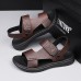 Men's Black Leather Sandals with Adjustable Velcro Strap and Stylish Red Accent, Comfortable for Casual, Outdoor and Summer Wear