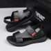 Men's Black Leather Sandals with Adjustable Velcro Strap and Stylish Red Accent, Comfortable for Casual, Outdoor and Summer Wear