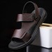 Men's Black Leather Sandals with Adjustable Velcro Strap and Stylish Red Accent, Comfortable for Casual, Outdoor and Summer Wear