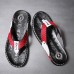 High-Performance Men's Faux Leather Flip-Flops - Black and Red with Racing-Inspired Textured Strap for Outdoor Adventures