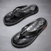 High-Performance Men's Faux Leather Flip-Flops - Black and Red with Racing-Inspired Textured Strap for Outdoor Adventures