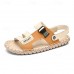 Men's Leather Sandals - Adjustable Straps Summer Beach Slippers with Buckle