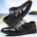Men's Black Faux Leather Sandals Breathable Cut-Out Design with Adjustable Strap, Comfortable Summer Shoes for Casual and Outdoor Wear