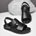 Men's Black Leather Sandals with Adjustable Strap, Stylish Cross-Design for Casual, Outdoor and Summer Wear