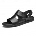 Men's Black Leather Sandals with Adjustable Strap, Stylish Cross-Design for Casual, Outdoor and Summer Wear