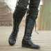 Men's Black Lace-Up Knee-High Boots with Buckle Straps Vintage-Style Military Combat Boots for Outdoor and Casual Wear