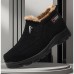 Men's Black Warm Winter Slip-On Ankle Boots with Plush Fur Lining, Non-Slip Sole, and Textured Fabric Comfortable Outdoor Footwear