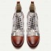 Men's Vintage Crane Print Lace-Up Boots Faux Leather and Jacquard fabric Ankle Boots with Retro Style for Casual Wear