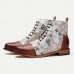 Men's Vintage Crane Print Lace-Up Boots Faux Leather and Jacquard fabric Ankle Boots with Retro Style for Casual Wear