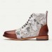 Men's Vintage Crane Print Lace-Up Boots Faux Leather and Jacquard fabric Ankle Boots with Retro Style for Casual Wear