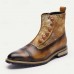 Men's Vintage Cowhide Leather Floral Brocade Ankle Boots with Button-Up Detail and Cap Toe Elegant Dress Boots for Formal and Casual Occasions