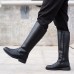 Men's Black Faux Leather Motorcycle Boots with Side Zipper, Classic Knee-High Riding Boots for Biker and Casual Wear