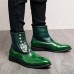 Men's Vintage Green Leather Button Boots - Stylish Wingtip Brogue Ankle Boots with Patent Leather Finish