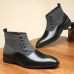 Men's Herringbone Fabric and Faux Leather Button-Up Ankle Boots Vintage-Inspired Formal Dress Shoes for Business and Casual Occasions