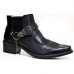 Men's Black Leather Western Motorcycle Boots - Embroidered Design with Metal Buckle and Chain for Biker and Fashion Wear