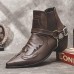Men's Black Leather Western Motorcycle Boots - Embroidered Design with Metal Buckle and Chain for Biker and Fashion Wear