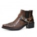 Men's Black Leather Western Motorcycle Boots - Embroidered Design with Metal Buckle and Chain for Biker and Fashion Wear