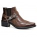 Men's Black Leather Western Motorcycle Boots - Embroidered Design with Metal Buckle and Chain for Biker and Fashion Wear