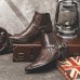 Men's Black Leather Western Motorcycle Boots - Embroidered Design with Metal Buckle and Chain for Biker and Fashion Wear