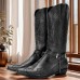 Men's Black Western Cowboy Boots Motorcycle Boots with Eagle Embroidery and Metal Chain Detail, Vintage Pointed Toe Boots for Riding and Casual Wear