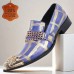 Men's Premium Cowhide Leather Loafers with Artistic Blue and Gold Geometric Design, Chain Detail, and Metallic Lion Head Luxury Slip-On Shoes for Special Occasions and Evening Wear