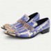 Men's Premium Cowhide Leather Loafers with Artistic Blue and Gold Geometric Design, Chain Detail, and Metallic Lion Head Luxury Slip-On Shoes for Special Occasions and Evening Wear