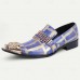 Men's Premium Cowhide Leather Loafers with Artistic Blue and Gold Geometric Design, Chain Detail, and Metallic Lion Head Luxury Slip-On Shoes for Special Occasions and Evening Wear