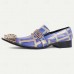 Men's Premium Cowhide Leather Loafers with Artistic Blue and Gold Geometric Design, Chain Detail, and Metallic Lion Head Luxury Slip-On Shoes for Special Occasions and Evening Wear