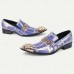 Men's Premium Cowhide Leather Loafers with Artistic Blue and Gold Geometric Design, Chain Detail, and Metallic Lion Head Luxury Slip-On Shoes for Special Occasions and Evening Wear