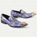 Men's Premium Cowhide Leather Loafers with Artistic Blue and Gold Geometric Design, Chain Detail, and Metallic Lion Head Luxury Slip-On Shoes for Special Occasions and Evening Wear