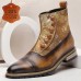 Men's Vintage Cowhide Leather Floral Brocade Ankle Boots with Button-Up Detail and Cap Toe Elegant Dress Boots for Formal and Casual Occasions