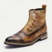 Men's Vintage Cowhide Leather Floral Brocade Ankle Boots with Button-Up Detail and Cap Toe Elegant Dress Boots for Formal and Casual Occasions