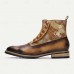 Men's Vintage Cowhide Leather Floral Brocade Ankle Boots with Button-Up Detail and Cap Toe Elegant Dress Boots for Formal and Casual Occasions