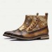 Men's Vintage Cowhide Leather Floral Brocade Ankle Boots with Button-Up Detail and Cap Toe Elegant Dress Boots for Formal and Casual Occasions