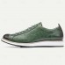 Men's Premium Cowhide Leather Casual Sneakers Green Embossed Lace-Up Design with Black Accents, Comfortable and Durable