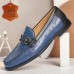 Men's Blue Premium Cowhide Leather Loafers with Ostrich Pattern and Metal Buckle Detail, Elegant Dress Shoes for Formal and Casual Occasions