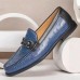 Men's Blue Premium Cowhide Leather Loafers with Ostrich Pattern and Metal Buckle Detail, Elegant Dress Shoes for Formal and Casual Occasions
