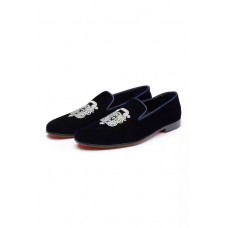 Blue Embroidered Velvet Slip-on Shoes