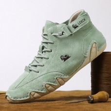 Men's Green Casual High-Top Faux Leather Sneakers Lightweight Breathable Hand-Stitched Lace-Up Shoes for Outdoor Activities
