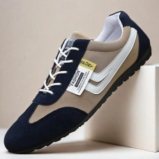 Men's Casual Beige and White Sneakers Breathable Nylon Lace-Up Shoes for Relaxed Outings and Casual Occasions