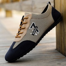 Men's Beige and Navy Lace-Up Sneakers Breathable Nylon Sport Shoes for Active Lifestyles and Everyday Wear