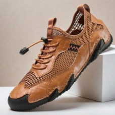 Men's Brown Leather and Mesh Outdoor Shoes with Rugged Sole - Breathable and Comfortable for Hiking and Casual Wear