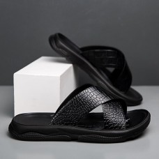 Men's Black Crocodile Pattern Slide Sandals Non-Slip Cross Strap Summer Slippers for Casual & Beach Wear