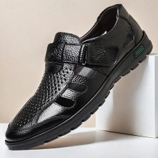 Men's Black Faux Leather Sandals Breathable Cut-Out Design with Adjustable Strap, Comfortable Summer Shoes for Casual and Outdoor Wear