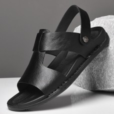 Men's Black Leather Sandals with Adjustable Strap, Stylish Cross-Design for Casual, Outdoor and Summer Wear